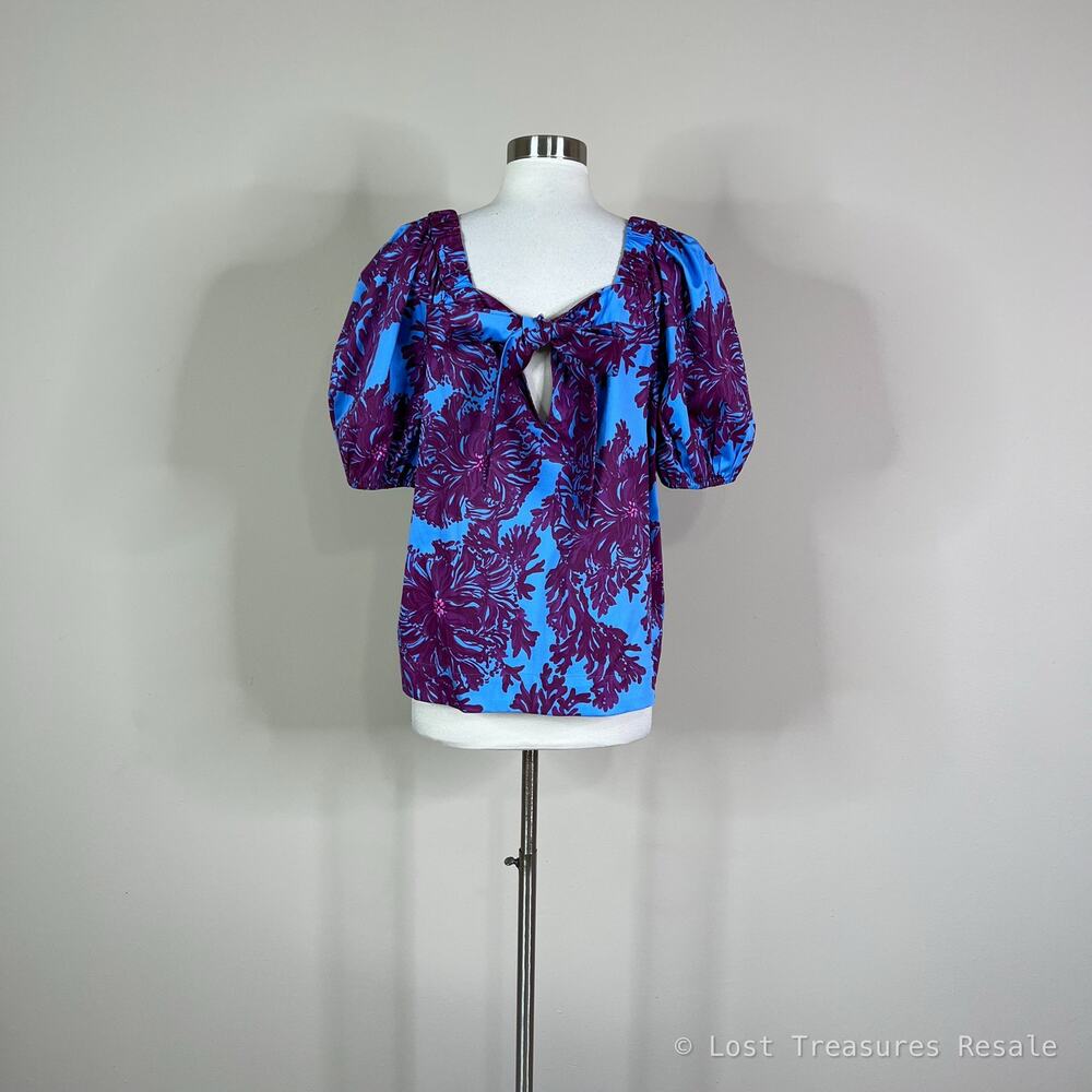 Lilly Pulitzer | Torrey Floral Puff Sleeve Blue Purple Square Neck Top Blouse 12 - Picture 8 of 10
